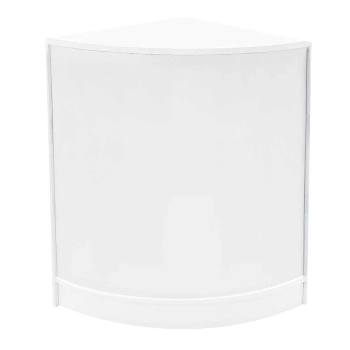 Bancone da negozio angolare Adonis LED in bianco, con superficie liscia e design moderno, ideale per esposizione prodotti