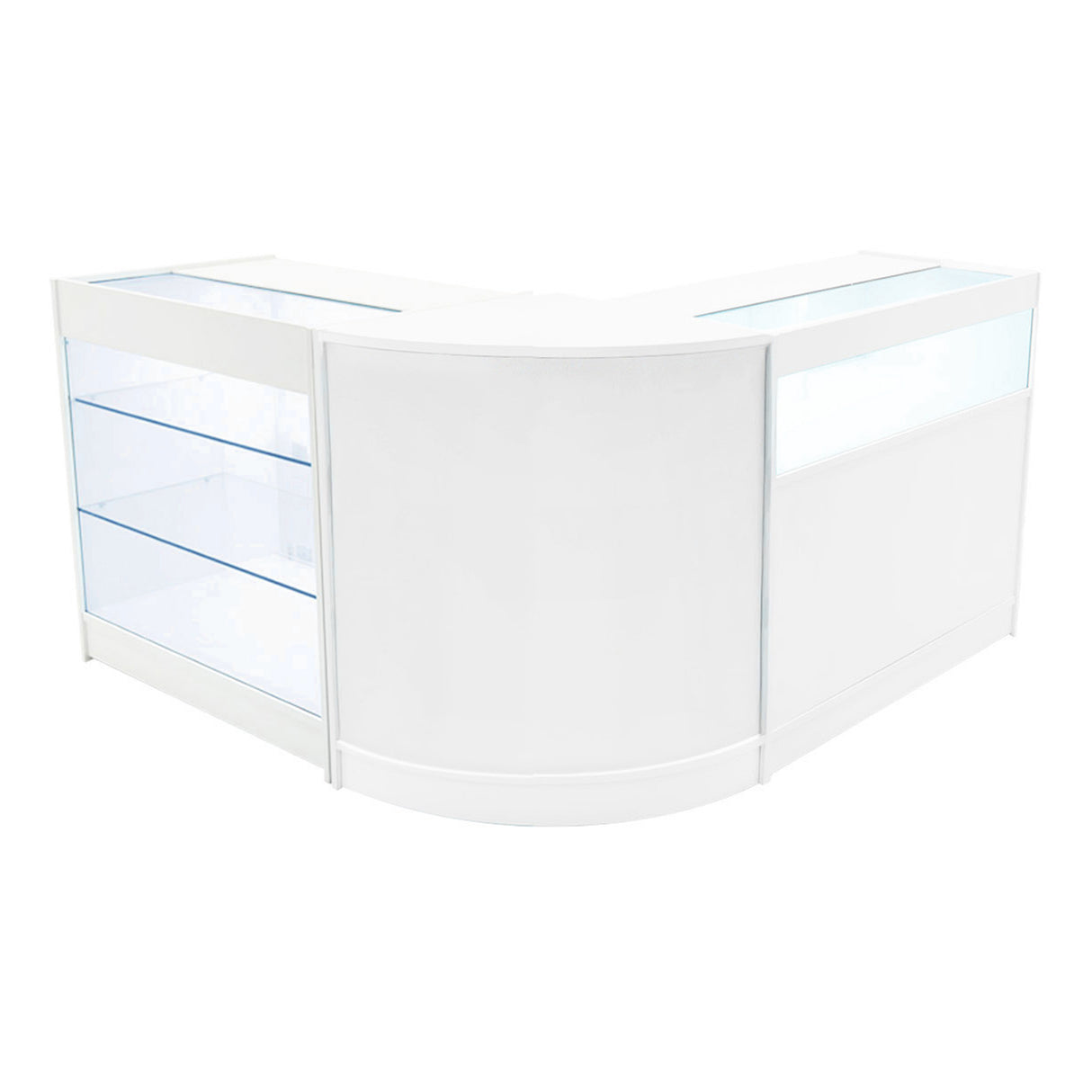 Bancone negozio bianco con illuminazione LED, design angolare, ripiani in vetro trasparente e finitura liscia e moderna