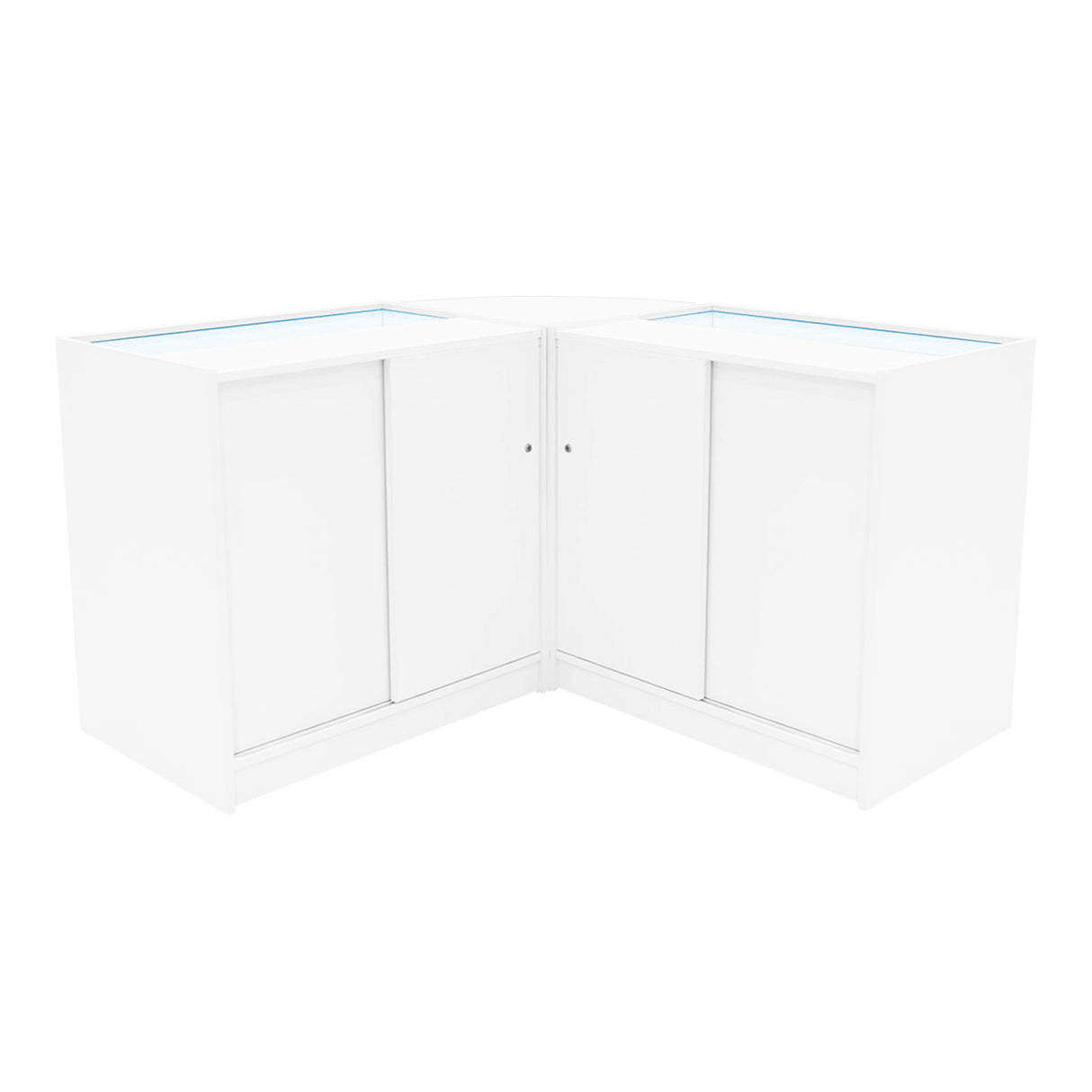 Set banconi negozio Triton K900 e B900 in bianco, con finitura liscia e ante scorrevoli, design moderno e angolare, ideale per esposizione prodotti