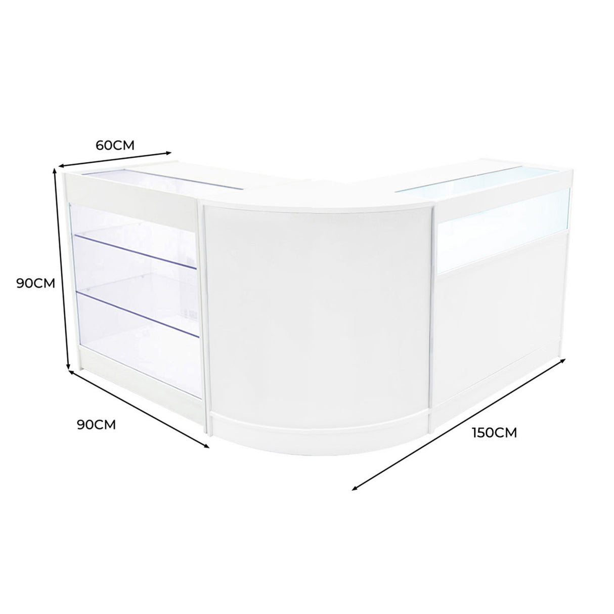 Bancone negozio curvo bianco con illuminazione LED, dimensioni 150x90x60 cm, ripiani trasparenti per esposizione prodotti