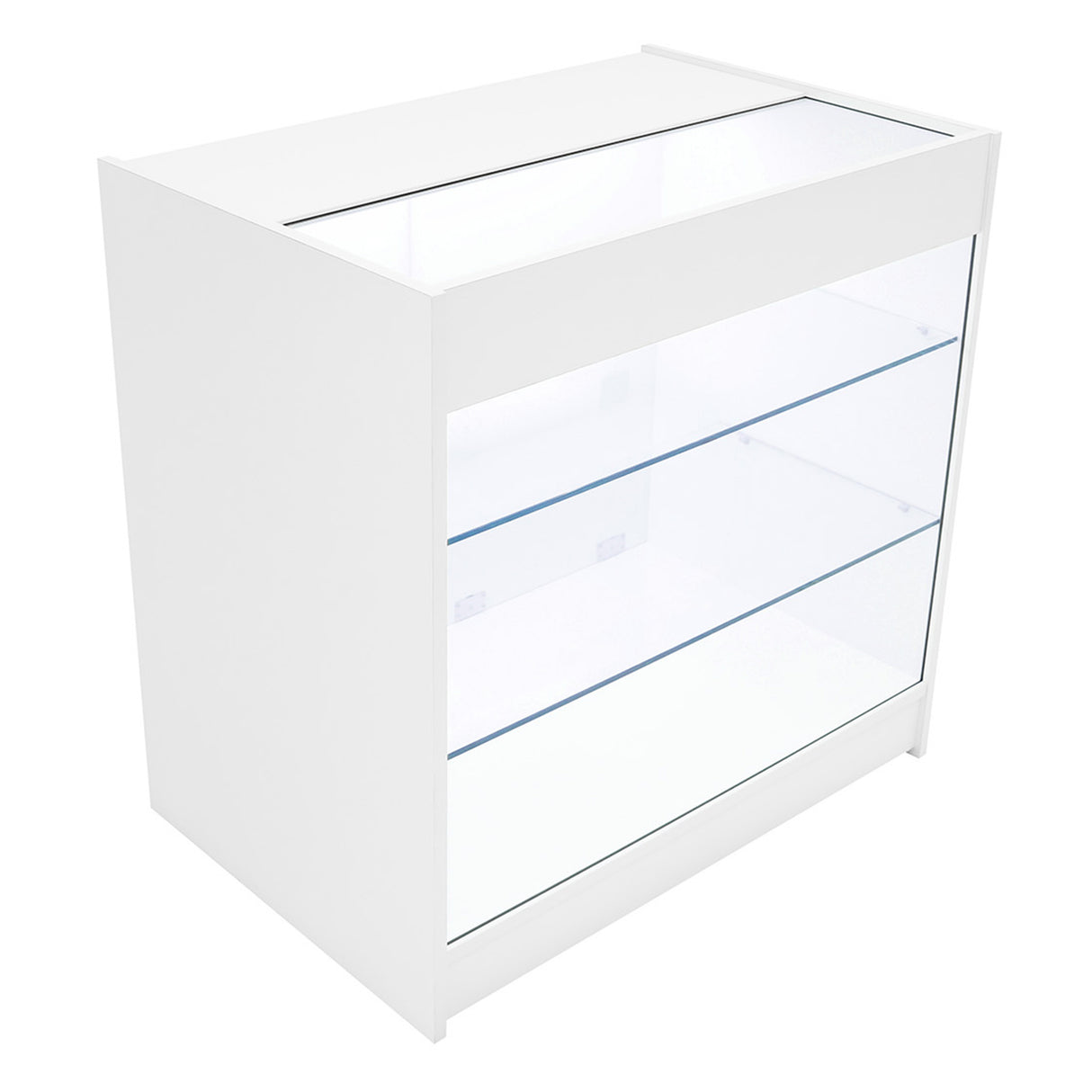 Bancone negozio Triton K900 B900 & CM60 in bianco, con vetro trasparente e ripiani in vetro, design moderno e minimalista