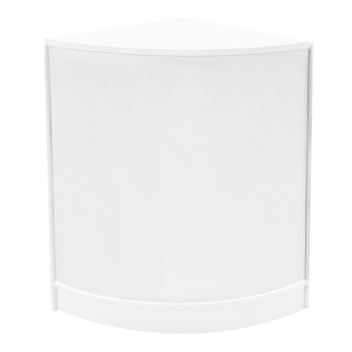 Bancone negozio angolare bianco con finitura liscia, design moderno e illuminazione LED integrata, ideale per esposizione prodotti