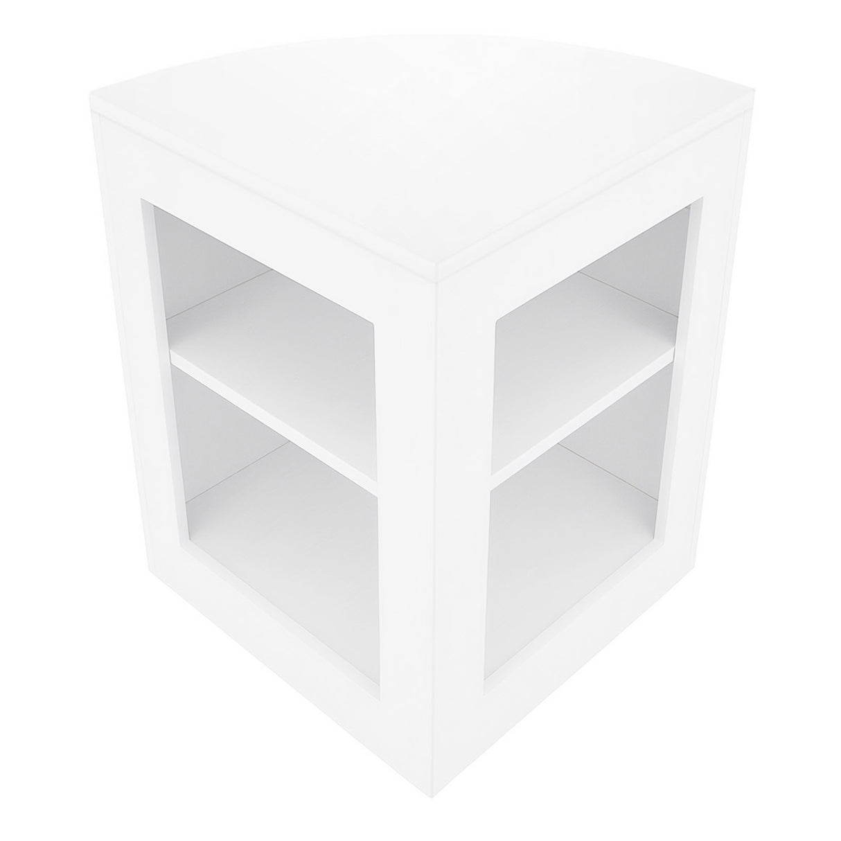 Bancone negozio angolare bianco con due ripiani interni, design moderno e pulito, ideale per esposizione prodotti e arredamento commerciale
