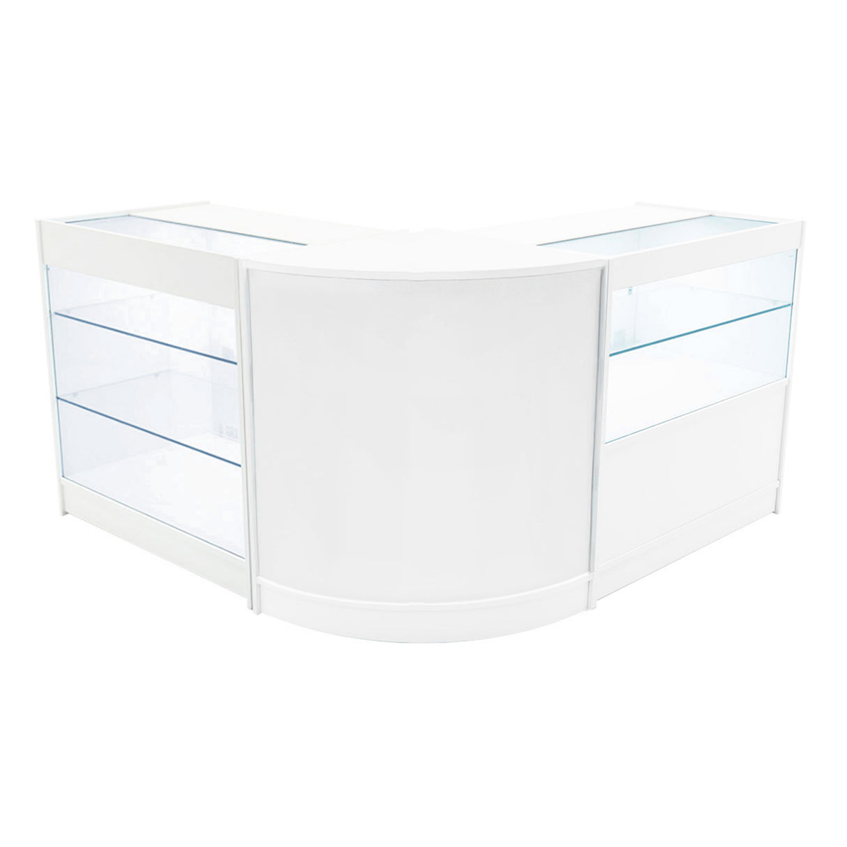 Bancone angolare Hera LED bianco, con ripiani in vetro trasparente e finiture lisce, ideale per esposizione e arredamento moderno