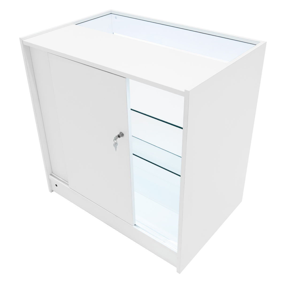 Bancone Hera LED bianco con ante scorrevoli, ripiani in vetro trasparente e illuminazione interna, design moderno e elegante