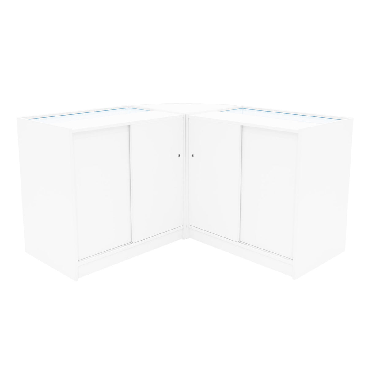 Set bancone angolare Hera LED in bianco, con finitura liscia e ante scorrevoli, ideale per esposizione e arredamento moderno