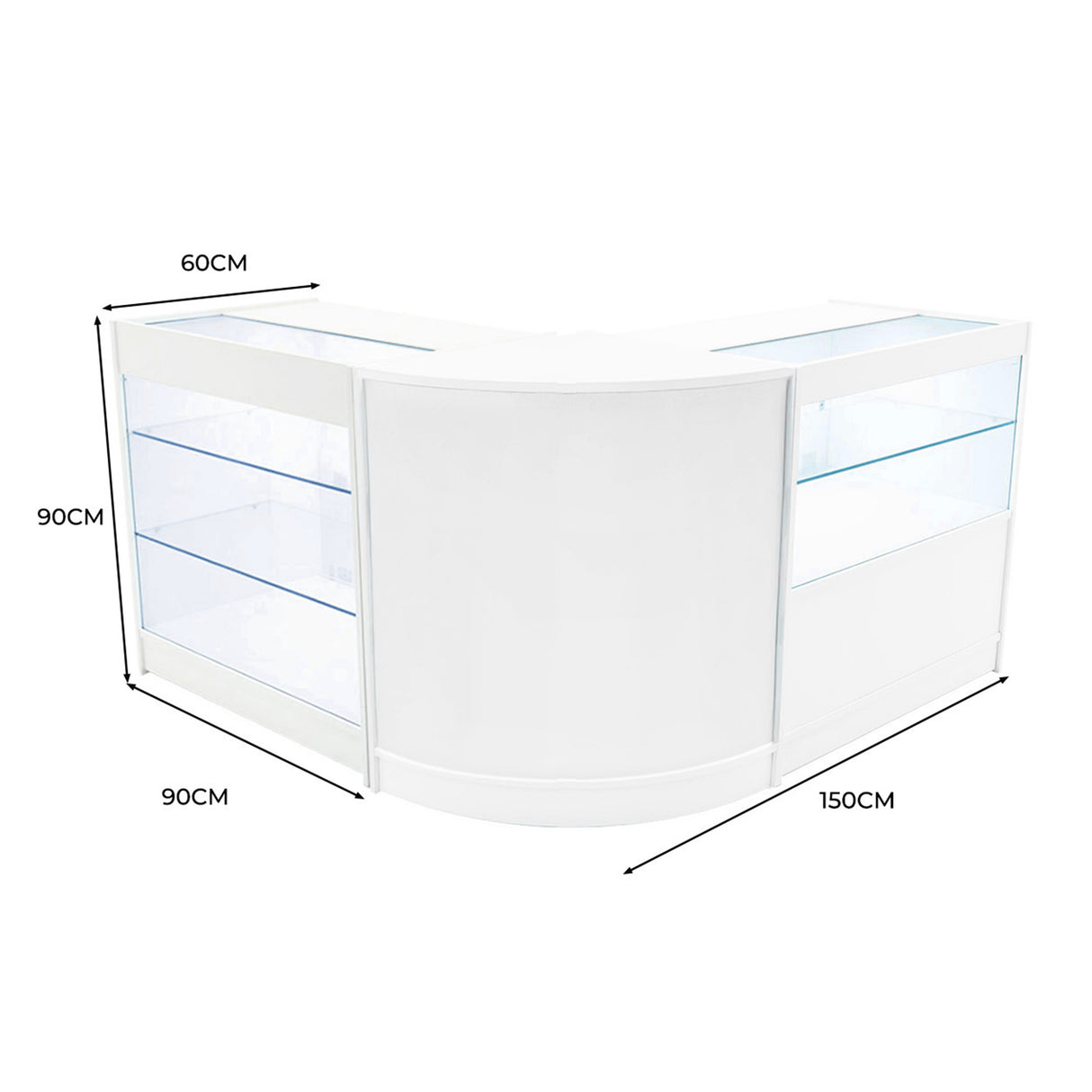 Bancone Hera LED bianco con ripiani in vetro, design curvo elegante, dimensioni 150x90x60 cm, ideale per esposizione prodotti