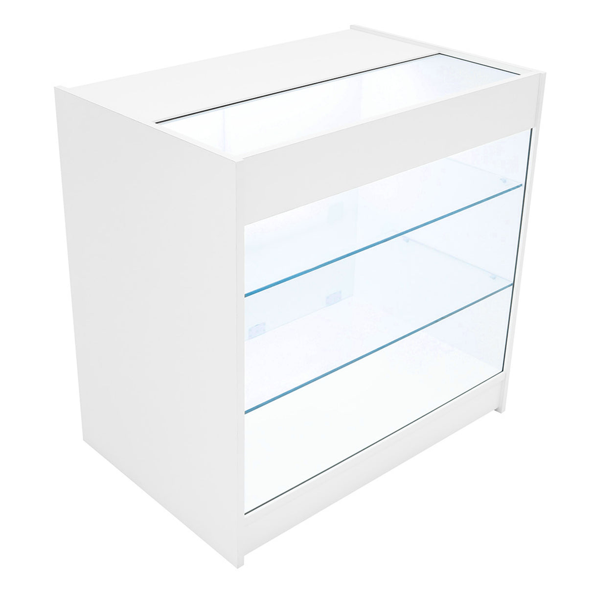 Bancone Hera LED bianco con ripiani in vetro trasparente, design moderno e linee pulite, ideale per esposizione e arredamento elegante