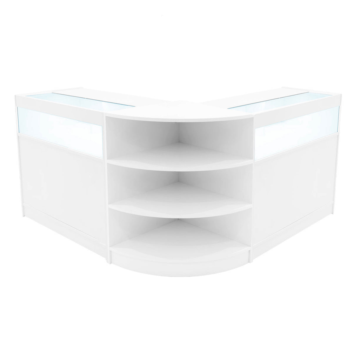 Bancone Theseus LED bianco con ripiani curvi, finitura lucida e dettagli in vetro trasparente, ideale per esposizioni eleganti