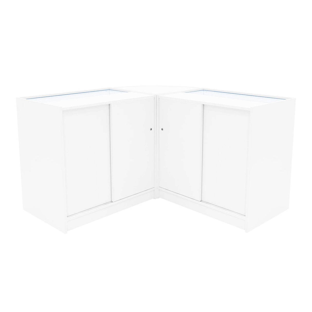 Set bancone Theseus LED in bianco, design angolare con finitura liscia, ante scorrevoli e superficie trasparente per esposizione