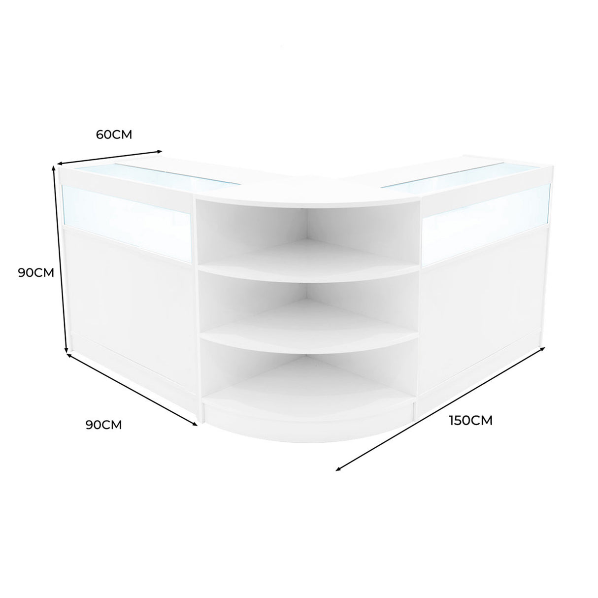 Bancone Theseus LED bianco con ripiani interni, design curvo, dimensioni 150x90x60 cm, elegante e moderno per spazi commerciali