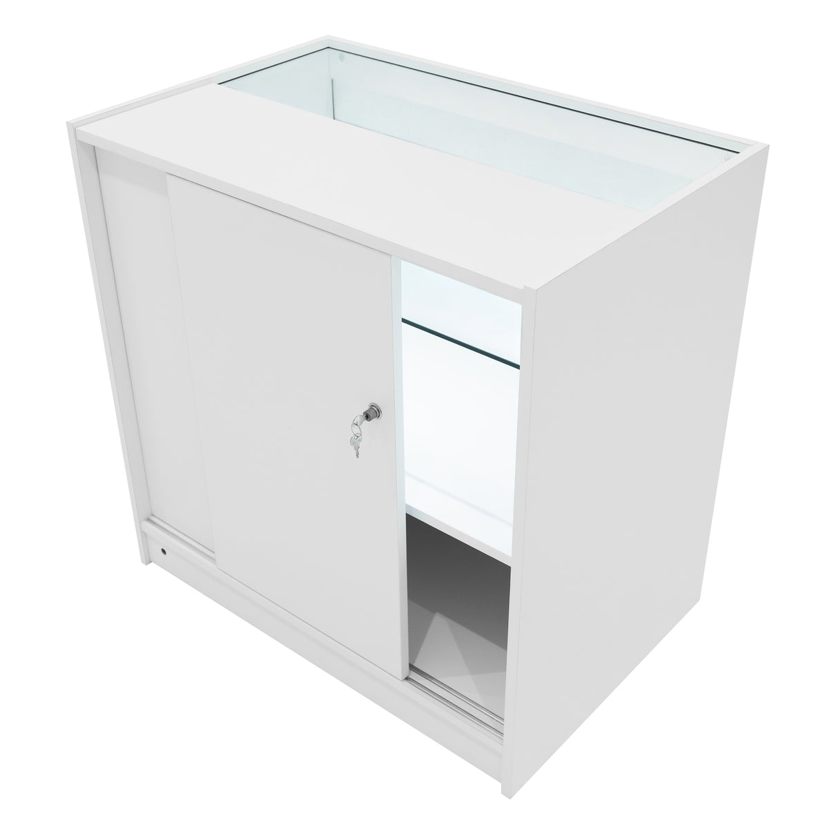 Bancone da negozio Andromeda LED bianco, con ante scorrevoli e ripiano in vetro, design moderno e luminoso per esposizione prodotti