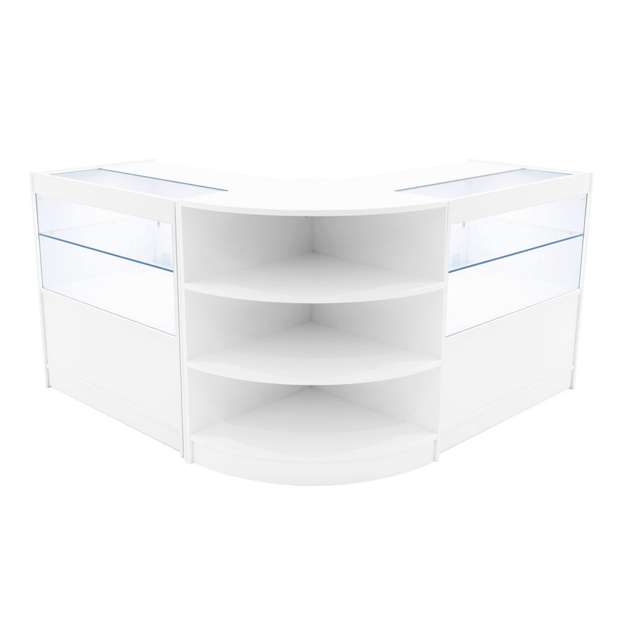 Set banconi da negozio Andromeda LED, design angolare bianco, con ripiani in vetro e illuminazione interna per esposizione elegante