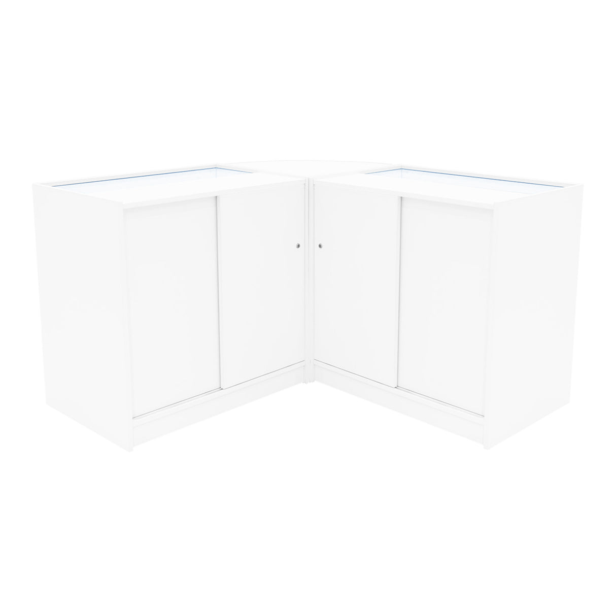 Set banconi da negozio Andromeda LED, design angolare bianco, con ante scorrevoli e piano in vetro, elegante e funzionale