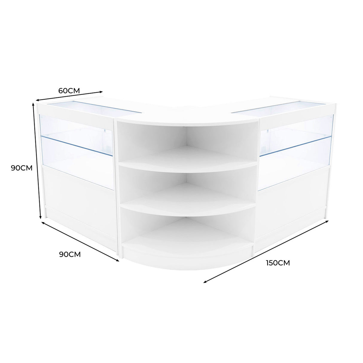 Banconi da negozio Andromeda LED, design curvo bianco, con ripiani interni e vetrine trasparenti, dimensioni 150x90x60 cm