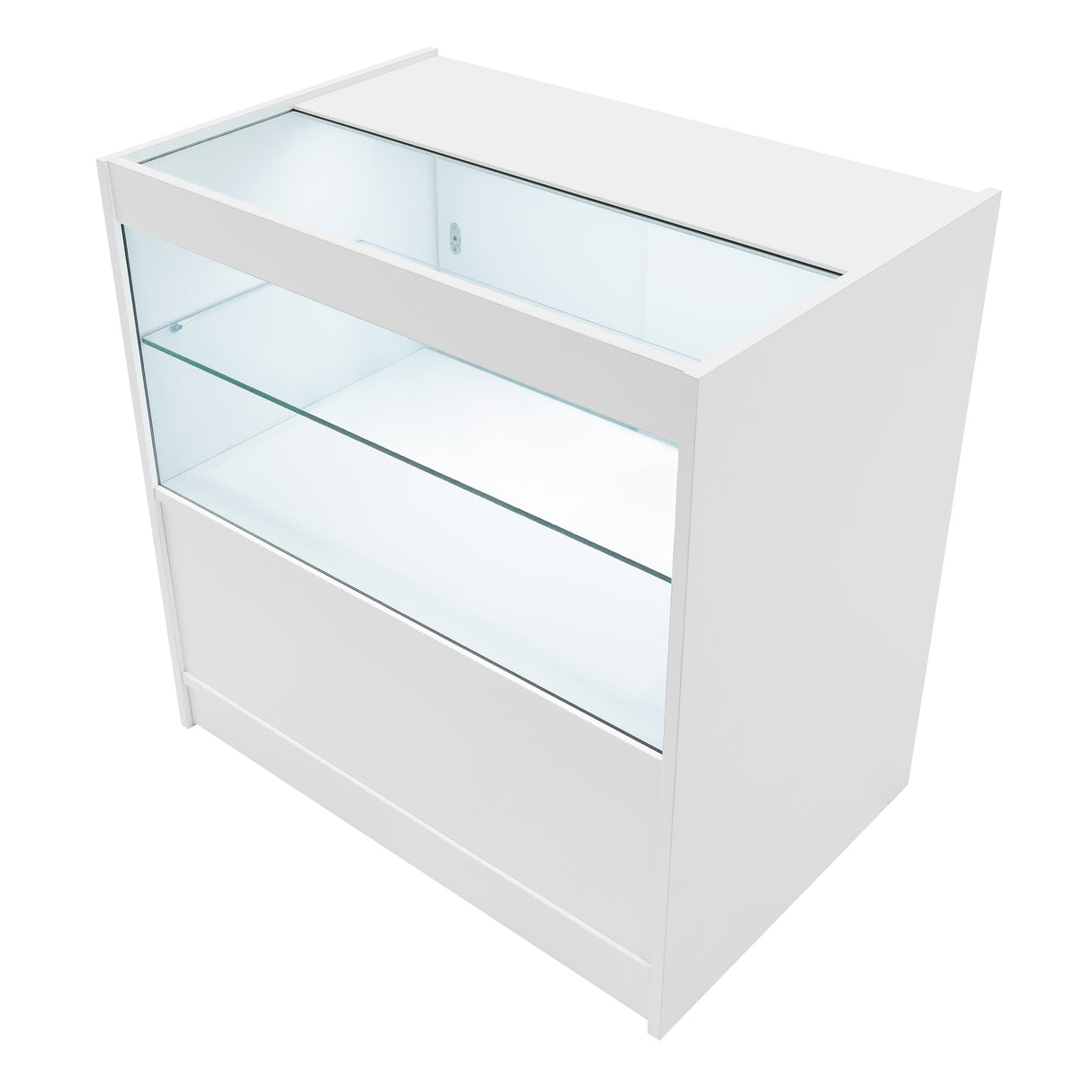 Bancone da negozio Andromeda LED, design moderno, struttura bianca, vetro trasparente, illuminazione interna, ideale per esposizione prodotti