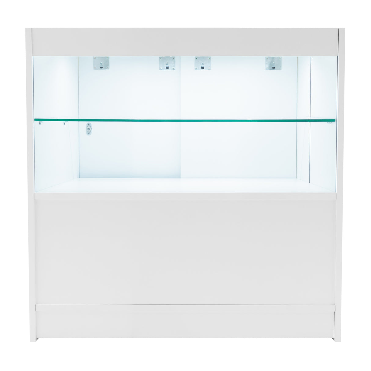 Bancone da negozio Andromeda LED, bianco lucido, con ripiani in vetro trasparente e illuminazione interna, design moderno e minimalista