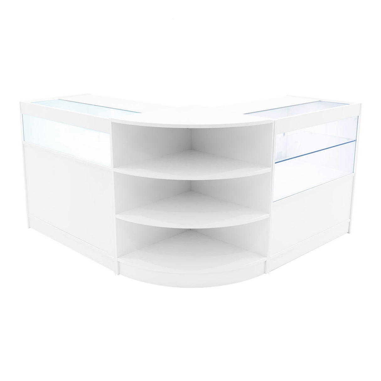 Set banconi LED Harmonia B900, C900 e LM60 in bianco, con ripiani curvi e superfici in vetro, elegante e moderno per esposizione prodotti