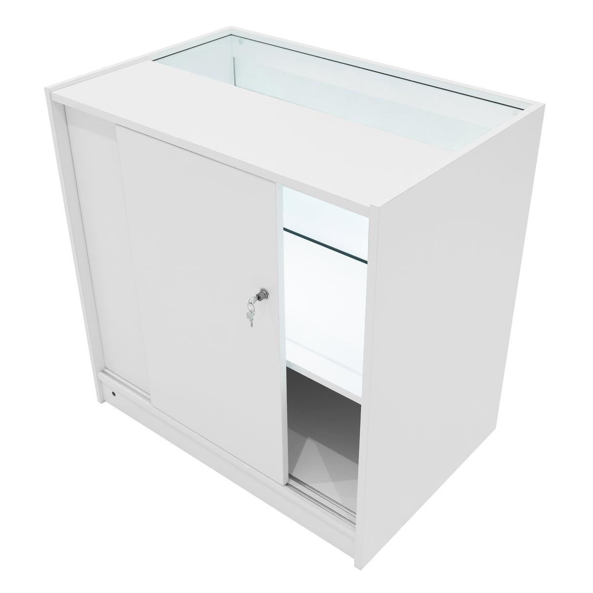 Bancone LED Harmonia bianco con ante scorrevoli, vetro trasparente e illuminazione interna, design moderno e elegante