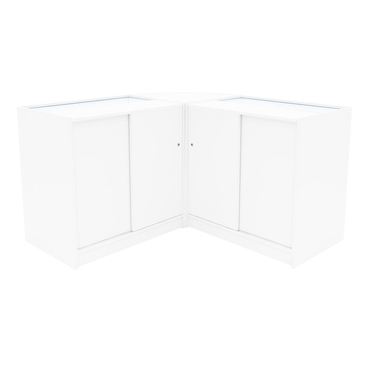 Set di banconi LED Harmonia B900 e C900 in bianco, design angolare con finitura liscia e ante scorrevoli trasparenti, ideale per esposizione