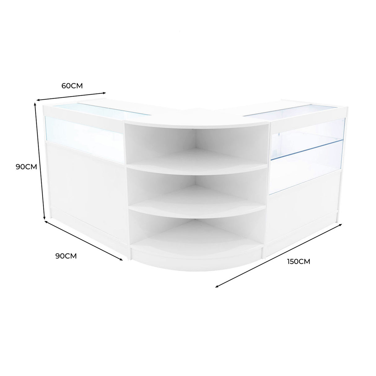 Set banconi LED Harmonia in bianco, design curvo con ripiani aperti e vetrine, dimensioni 150x90x60 cm, elegante e moderno