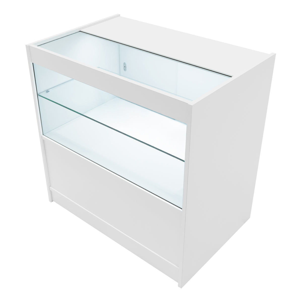 Bancone LED Harmonia B900, C900 e LM60 in bianco, con struttura liscia e ripiani in vetro trasparente per esposizione elegante