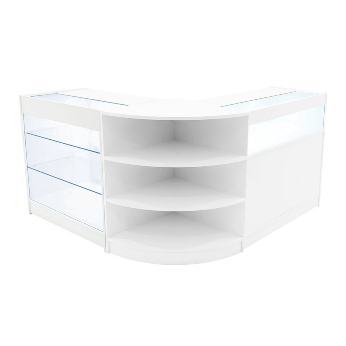 Set banconi LED Demeter K900, B900 e LM60 in bianco, con ripiani curvi e pannelli in vetro trasparente per esposizione elegante