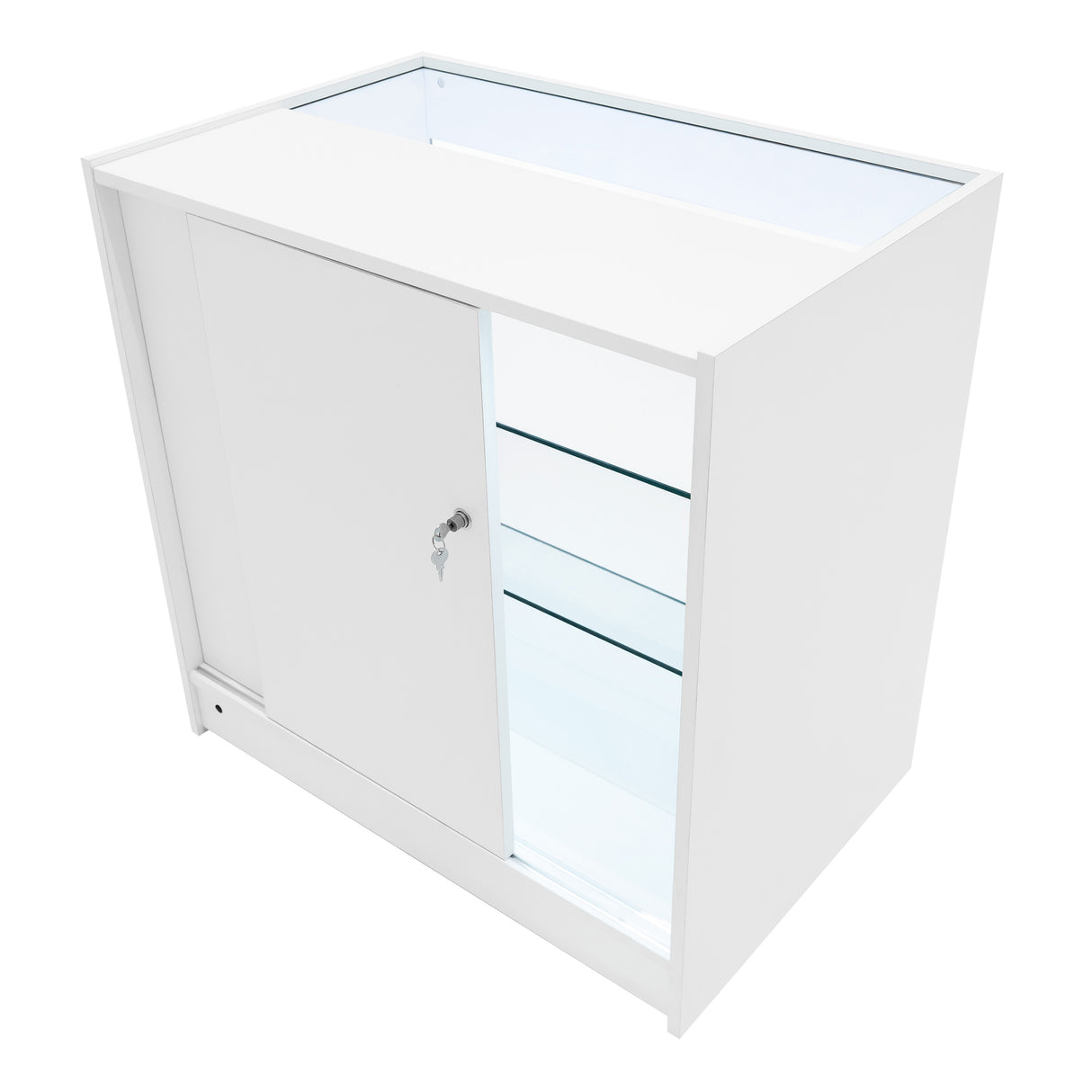 Set banconi LED Demeter K900, B900 e LM60 in bianco, con ripiani in vetro trasparente e finitura liscia, elegante e moderna