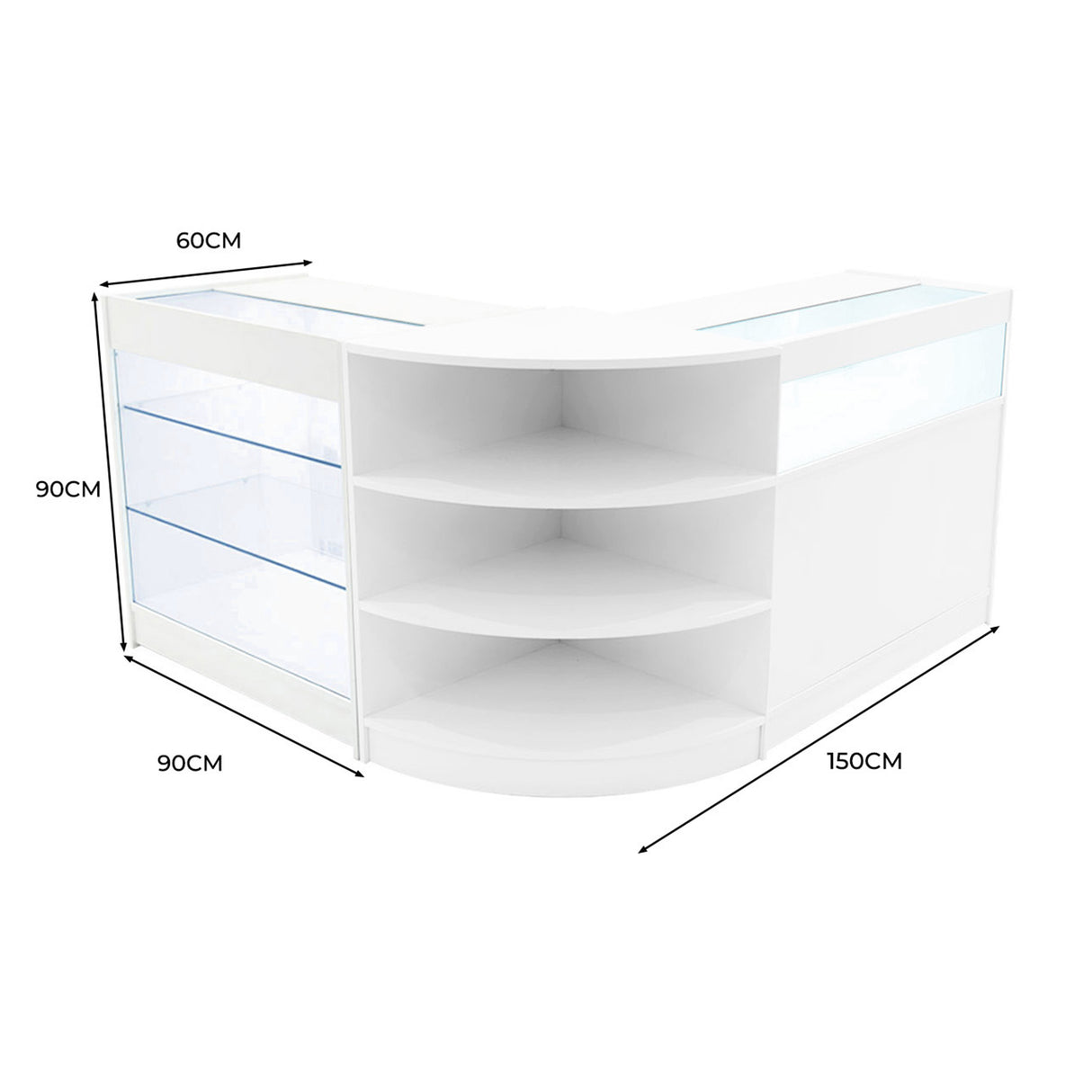 Bancone LED Demeter in bianco, design curvo con ripiani trasparenti, dimensioni 150x60x90 cm, ideale per esposizione prodotti