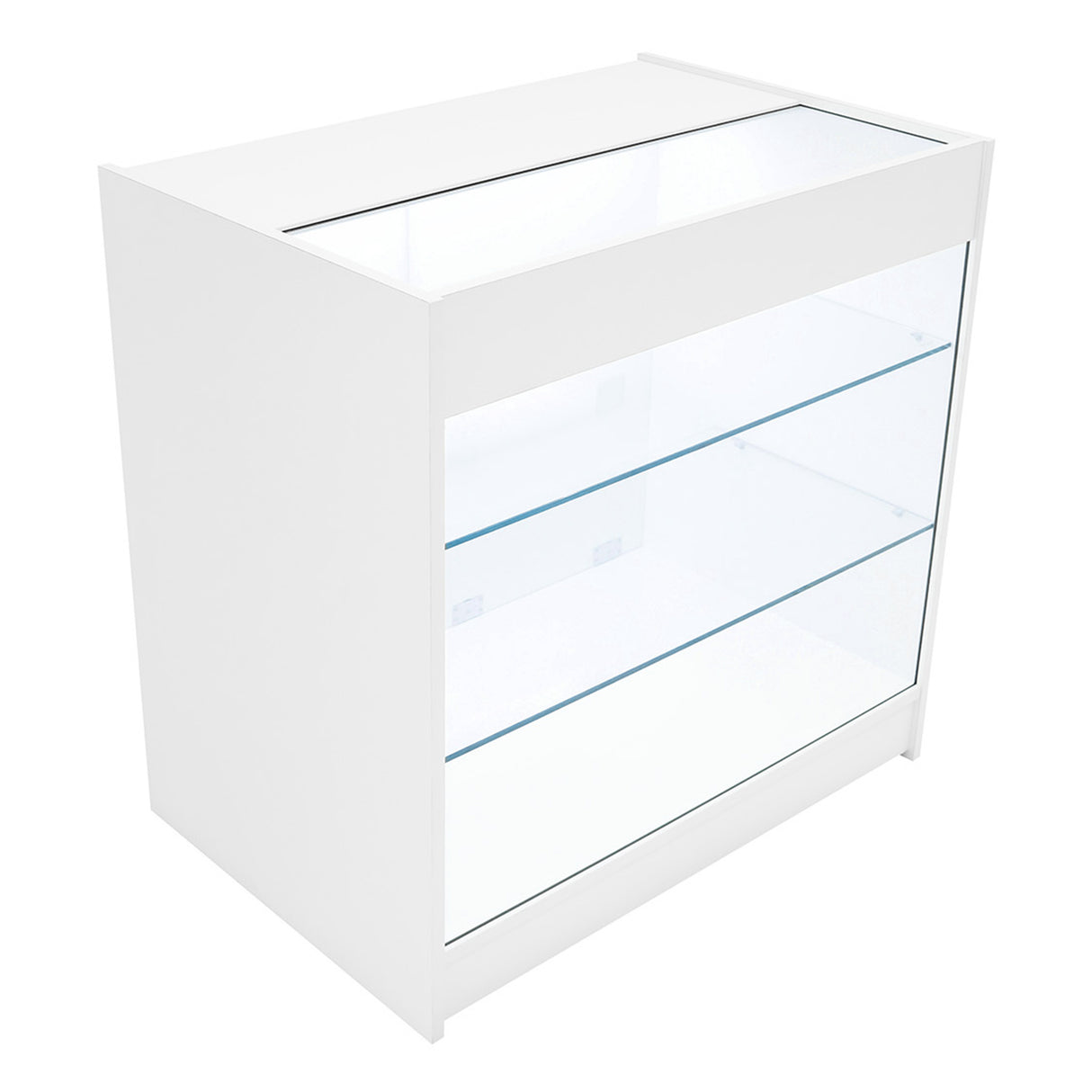 Set banconi LED Demeter in bianco, con struttura moderna, ripiani in vetro trasparente e illuminazione integrata per esposizione elegante