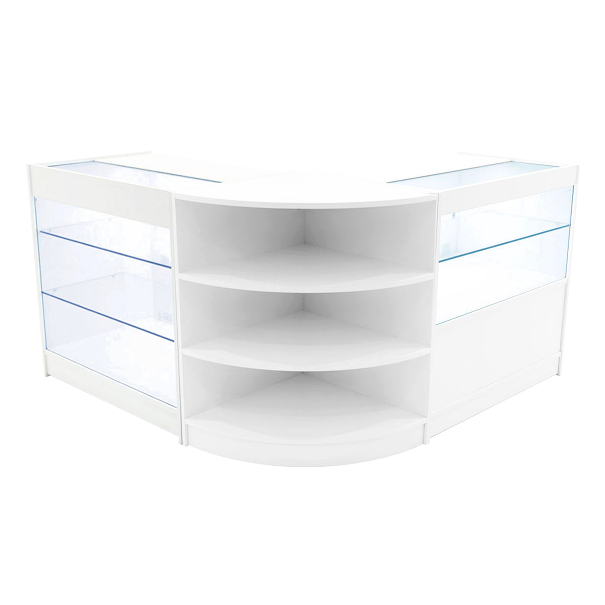 Bancone negozio Calliope in bianco, con ripiani in vetro trasparente e design angolare elegante, ideale per esposizione prodotti