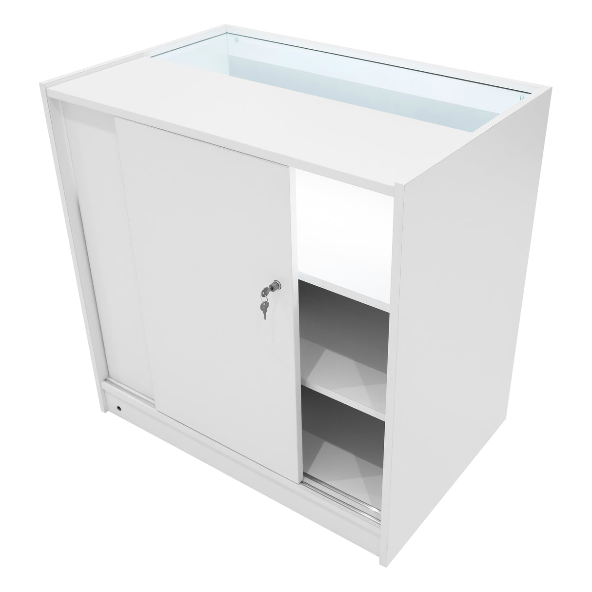 Bancone negozio Calliope LED K900, C900 e LM60, bianco lucido, con ante scorrevoli e ripiani interni, design moderno e funzionale