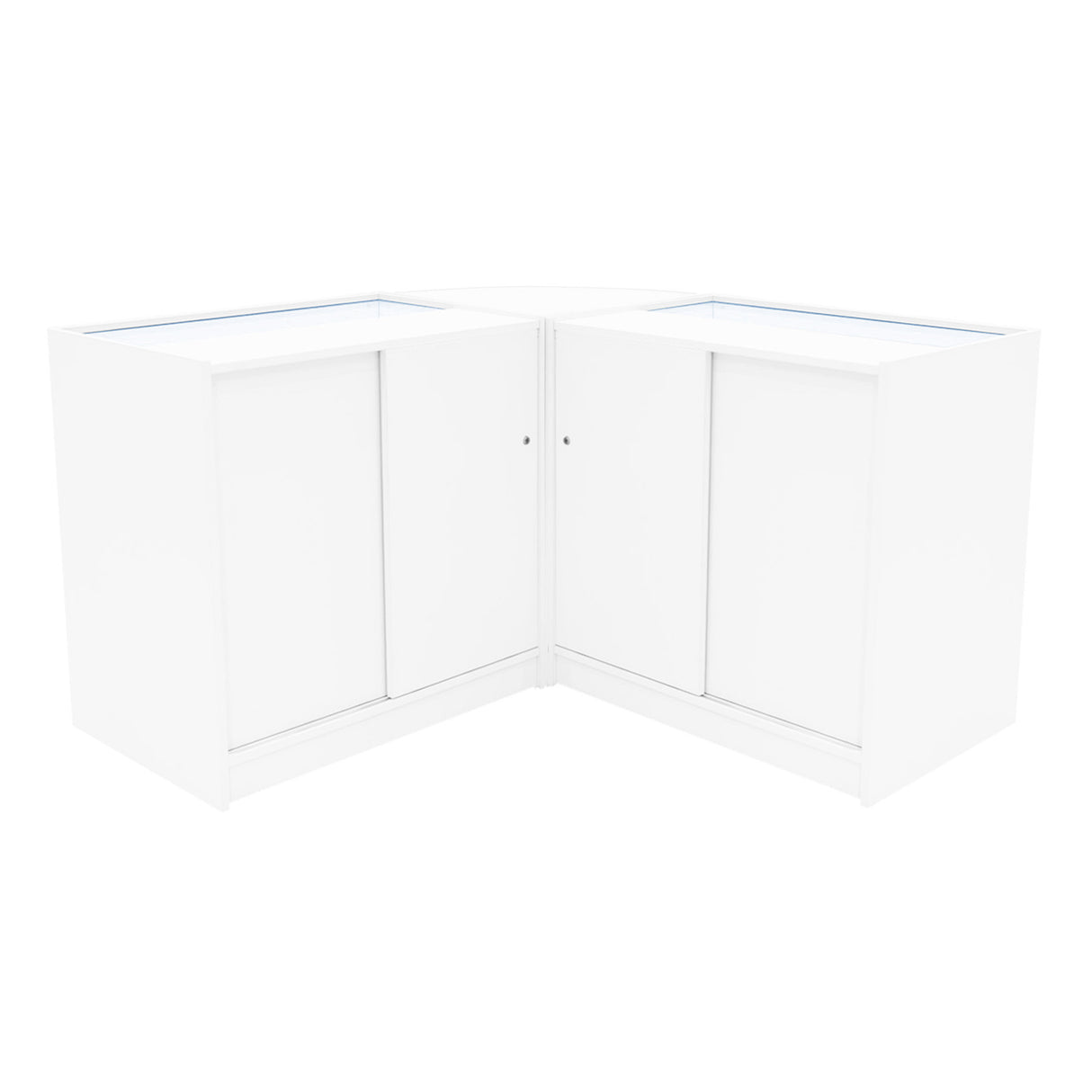 Set banconi negozio Calliope in bianco, con finitura liscia, angolare, dotato di ripiani in vetro e ante scorrevoli per un design moderno e funzionale