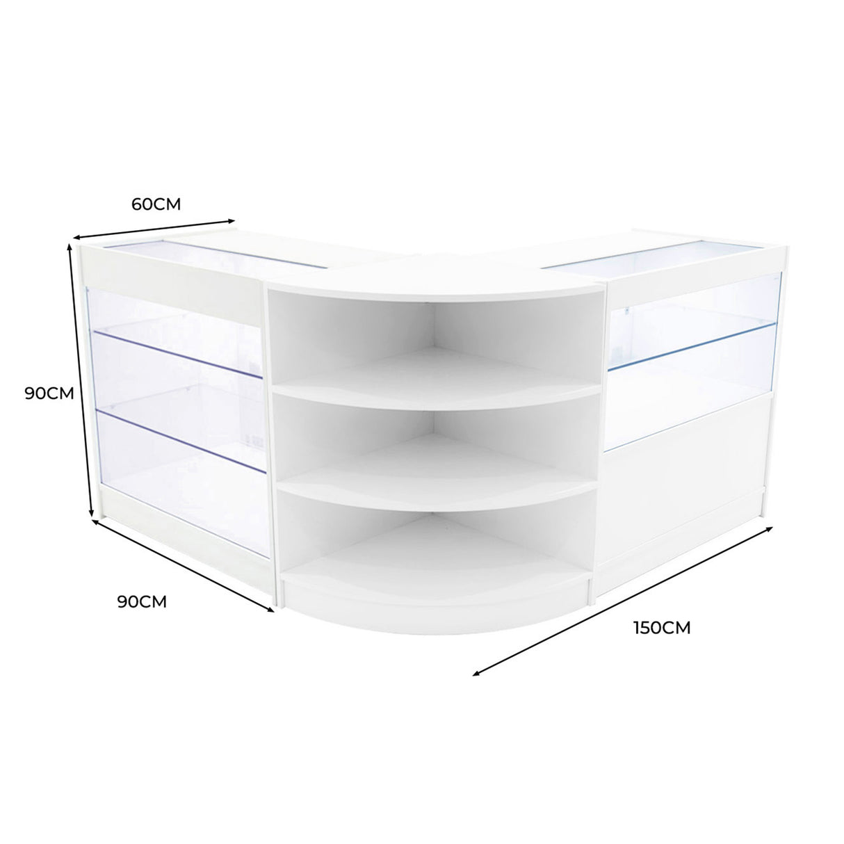 Bancone negozio curvo bianco con ripiani in vetro, illuminazione LED, dimensioni 150x60x90 cm, design moderno e funzionale