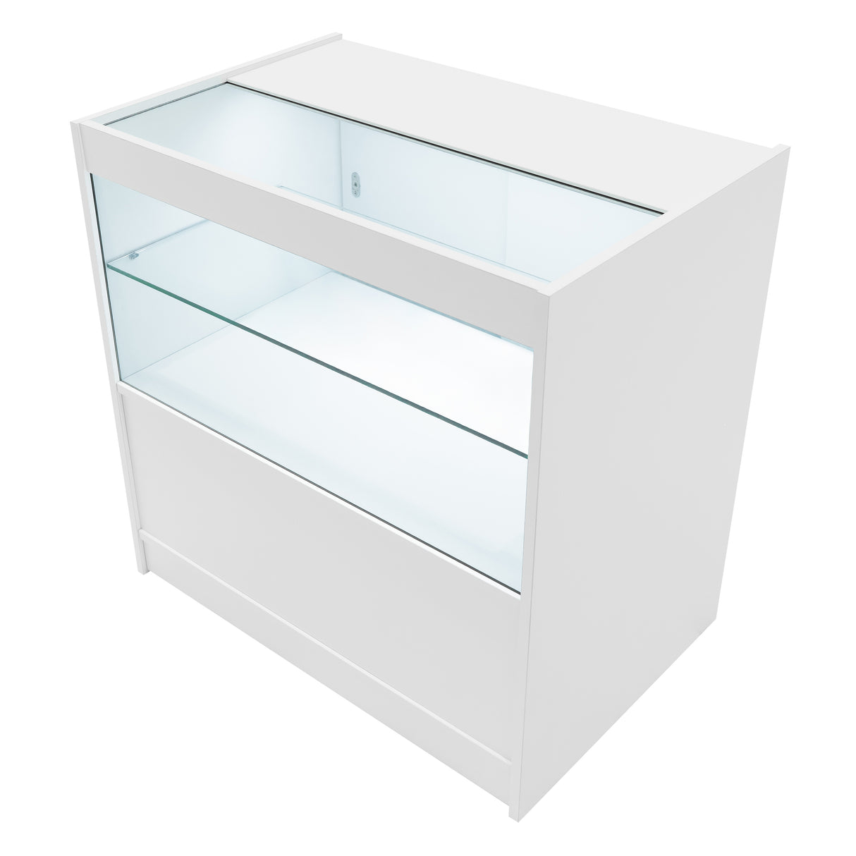 Bancone negozio Calliope LED in bianco, con struttura elegante, vetri trasparenti e illuminazione interna per esposizione prodotti