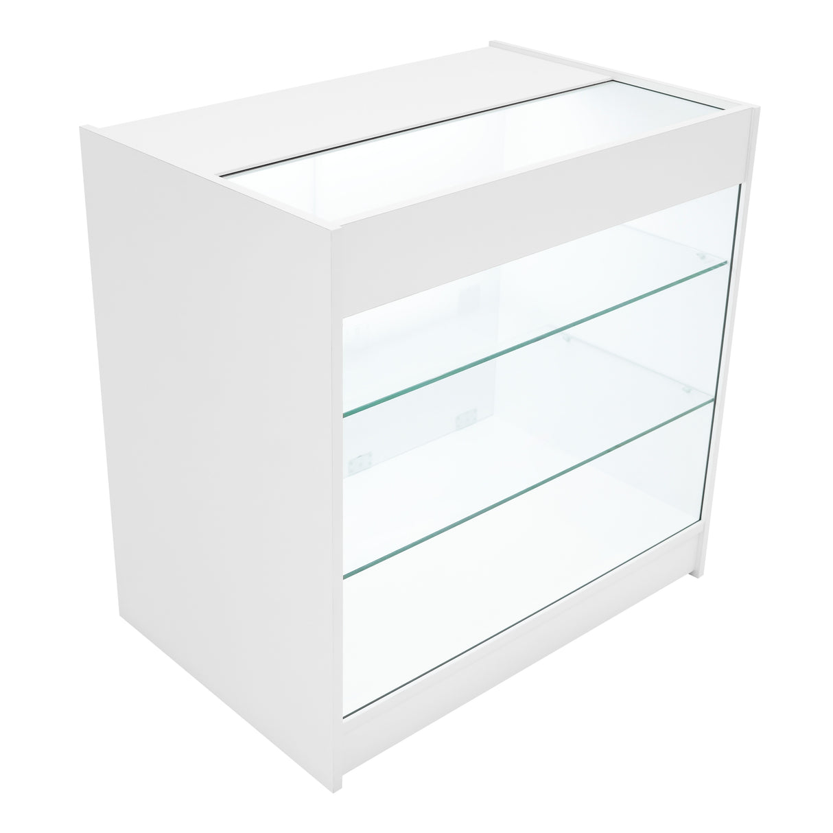 Bancone negozio Calliope LED K900, C900 e LM60, bianco lucido con ripiani in vetro trasparente e design moderno e minimalista