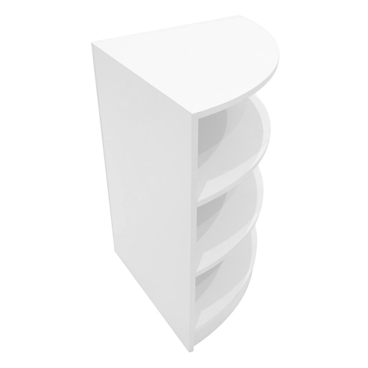 Set banconi negozio Calliope in bianco, design moderno con ripiani curvi, superficie liscia e finitura lucida, ideale per esposizione prodotti