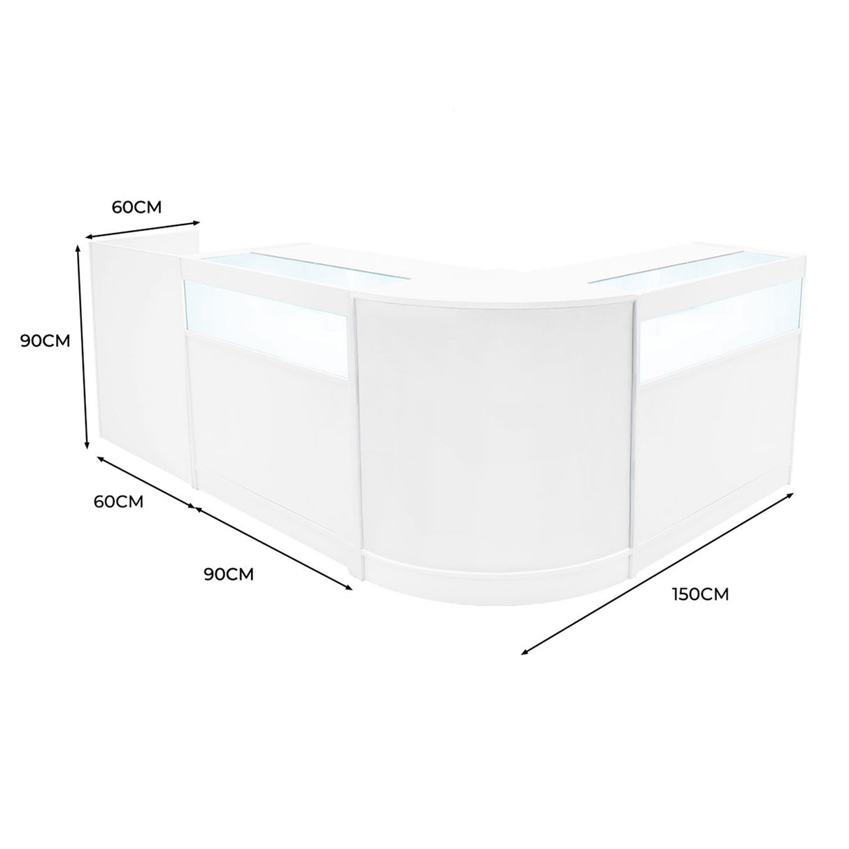 Set banconi negozio Luna LED bianco, design angolare, dimensioni 150x90x90 cm, superficie liscia e moderna con illuminazione LED integrata
