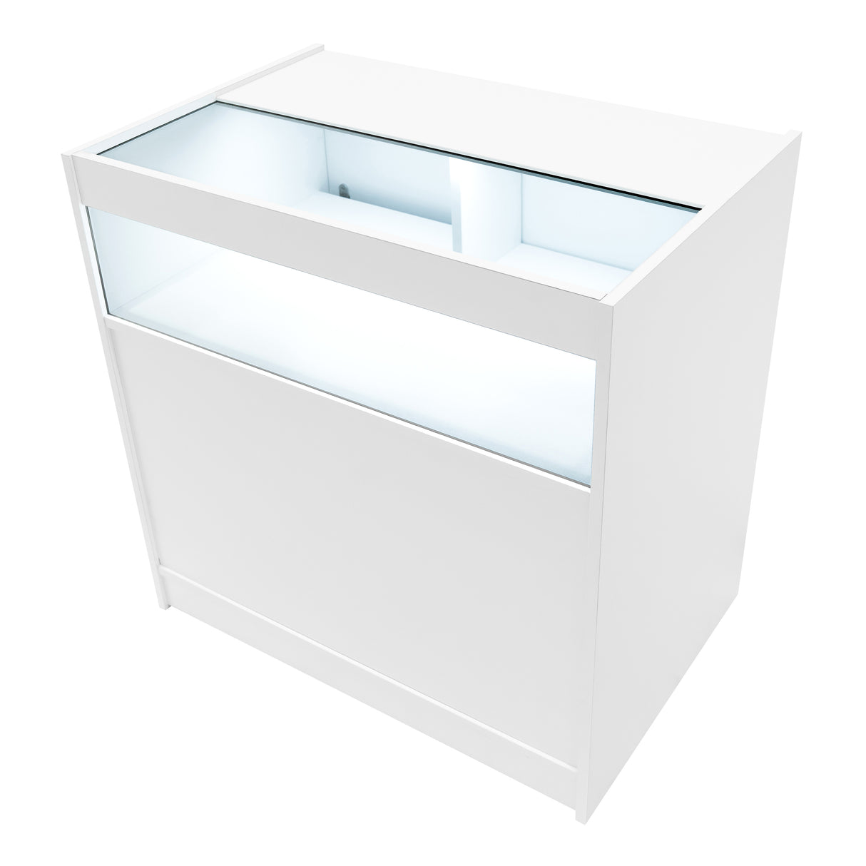 Bancone negozio bianco con illuminazione LED, design moderno e linee pulite, superficie liscia e trasparente nella parte superiore