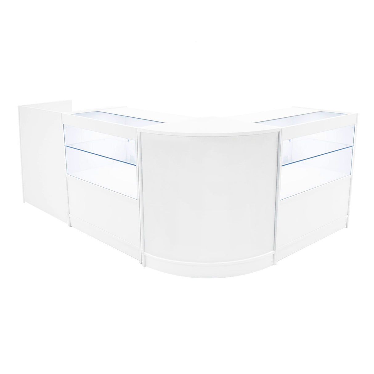 Set banconi negozio Phoenix LED bianco, design elegante e moderno, con superfici lisce e trasparenti, illuminazione integrata per esposizione ottimale
