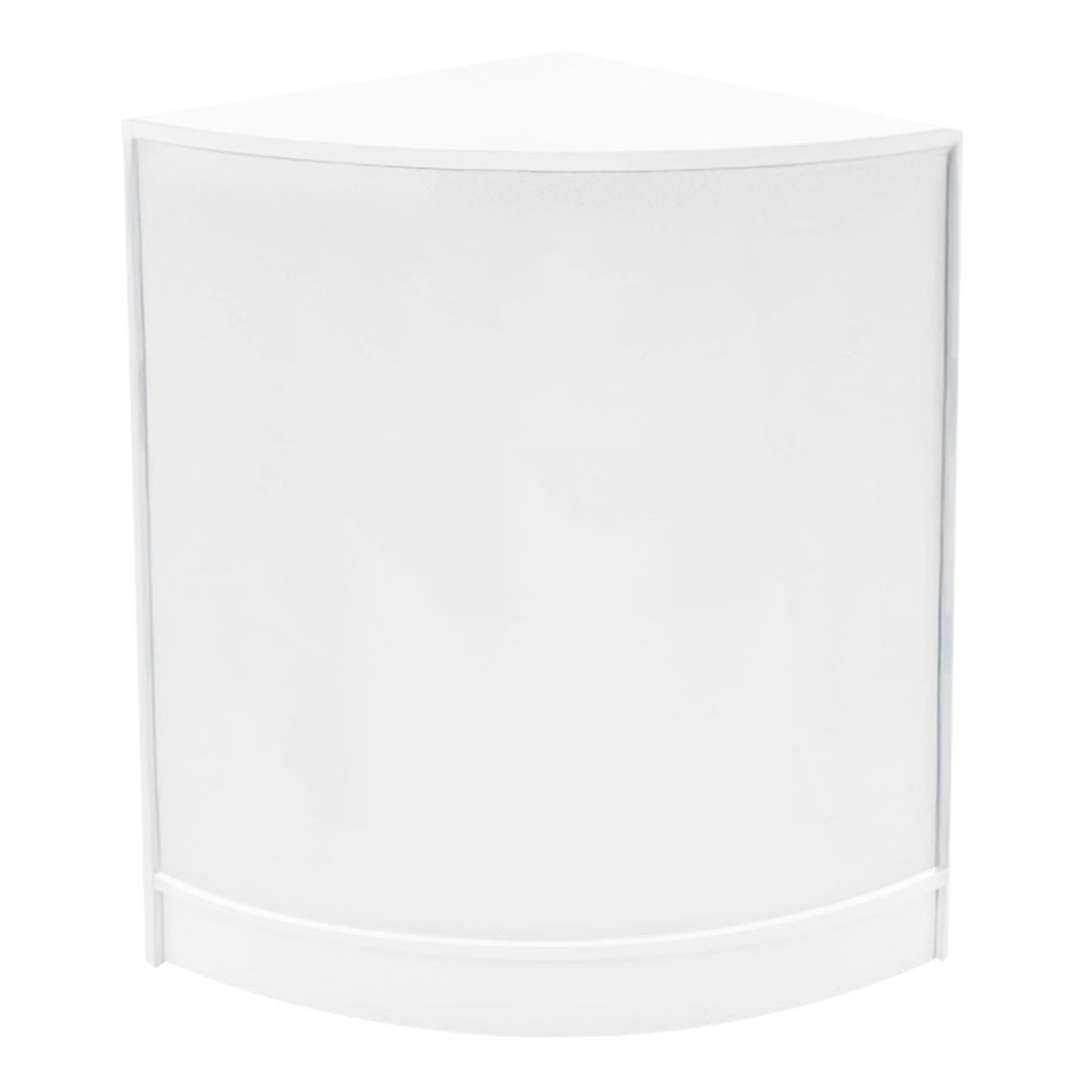 Bancone negozio angolare bianco con finitura lucida, design moderno e linee morbide, ideale per esposizione e vendita di prodotti