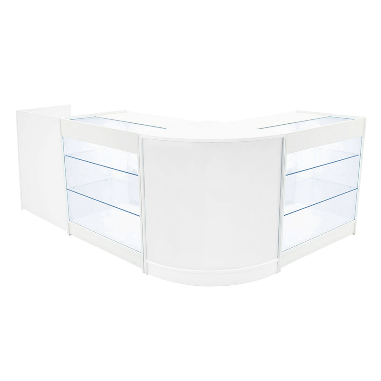 Set banconi LED Aries in bianco, con ripiani in vetro trasparente, design moderno e angolare, ideale per esposizione prodotti