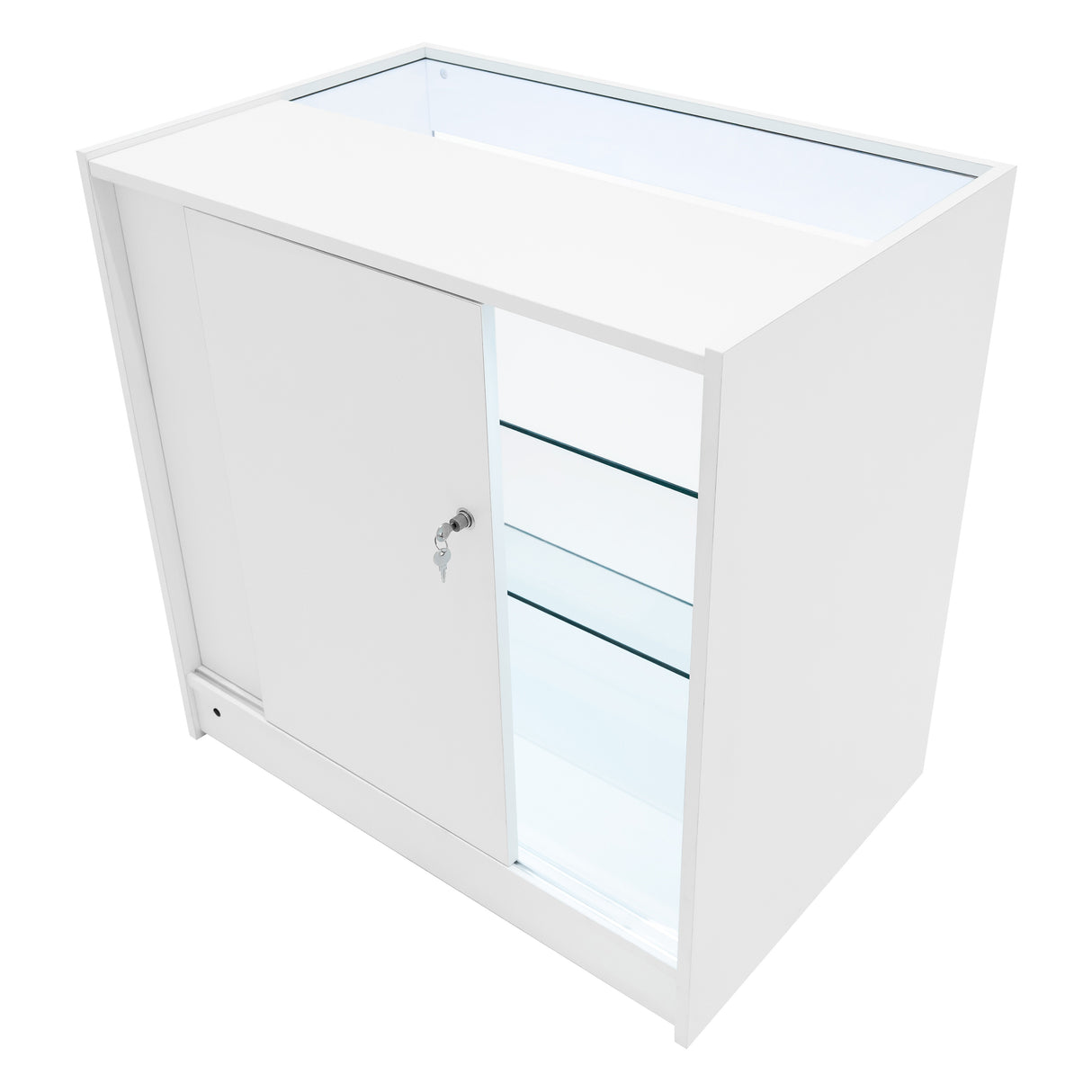 Set banconi LED Aries in bianco, con ante scorrevoli, ripiani in vetro e illuminazione interna, design moderno e elegante