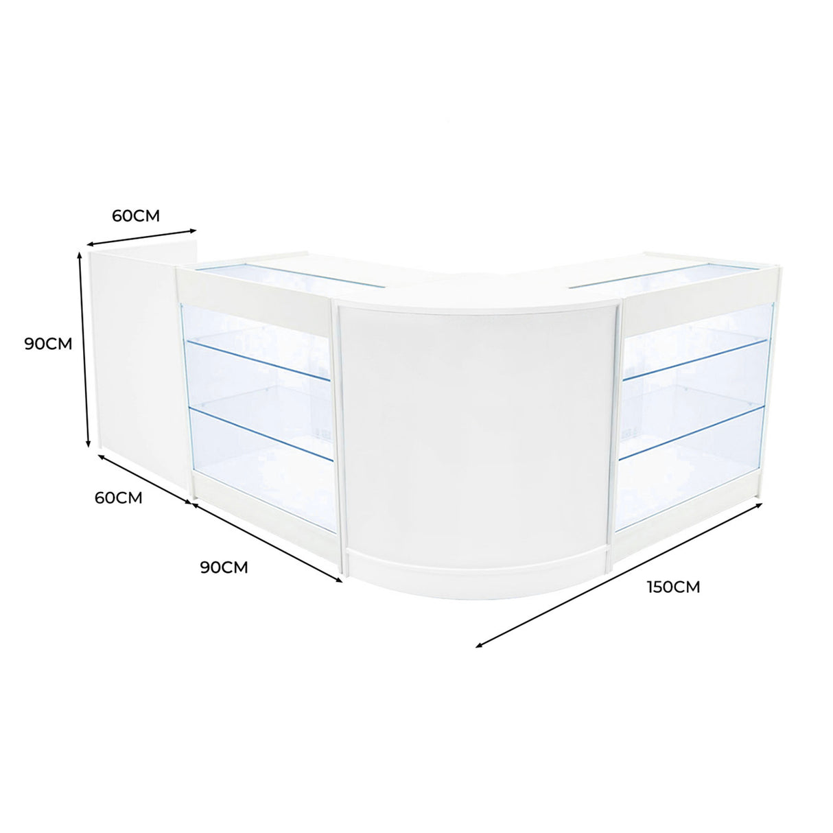 Set banconi LED Aries in bianco, design curvo con ripiani in vetro trasparente, misure 150x90x60 cm, elegante e moderno