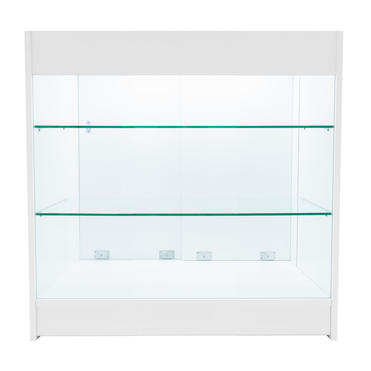 Set banconi LED Aries in bianco, con ripiani in vetro trasparente, design moderno e linee eleganti per esposizione prodotti