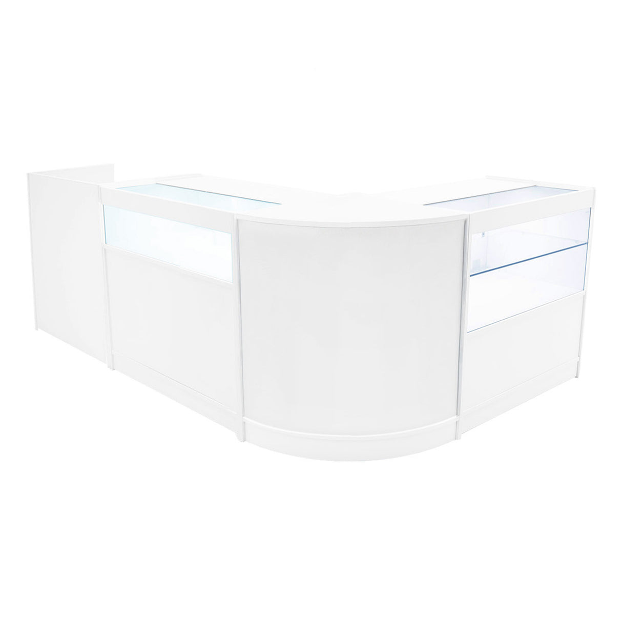 Set di banconi Gravity LED in bianco, design elegante e moderno, con superfici lisce e vetrine illuminate per esposizione prodotti