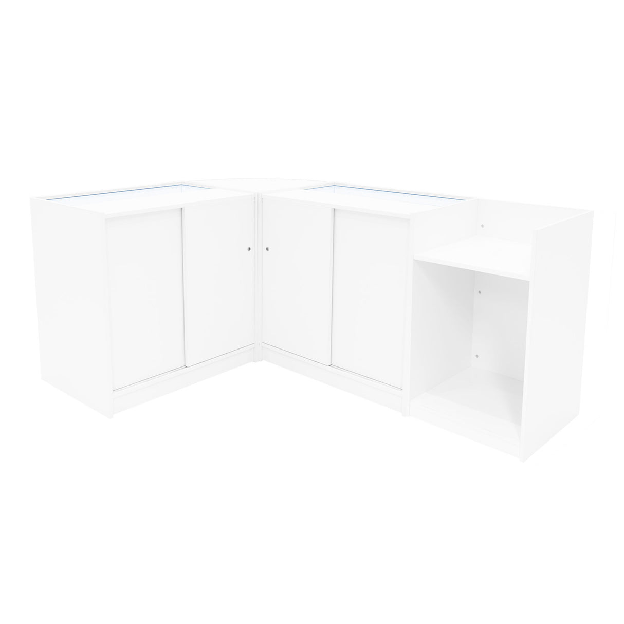 Set di banconi angolari Gravity LED B900 e C900 in bianco, con finitura liscia e ante scorrevoli, ideale per spazi moderni