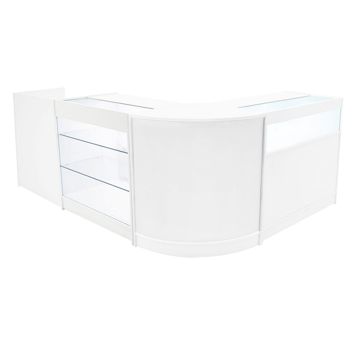 Bancone negozio angolare bianco con ripiani in vetro, design moderno e luminoso, ideale per esposizione prodotti e arredamento commerciale
