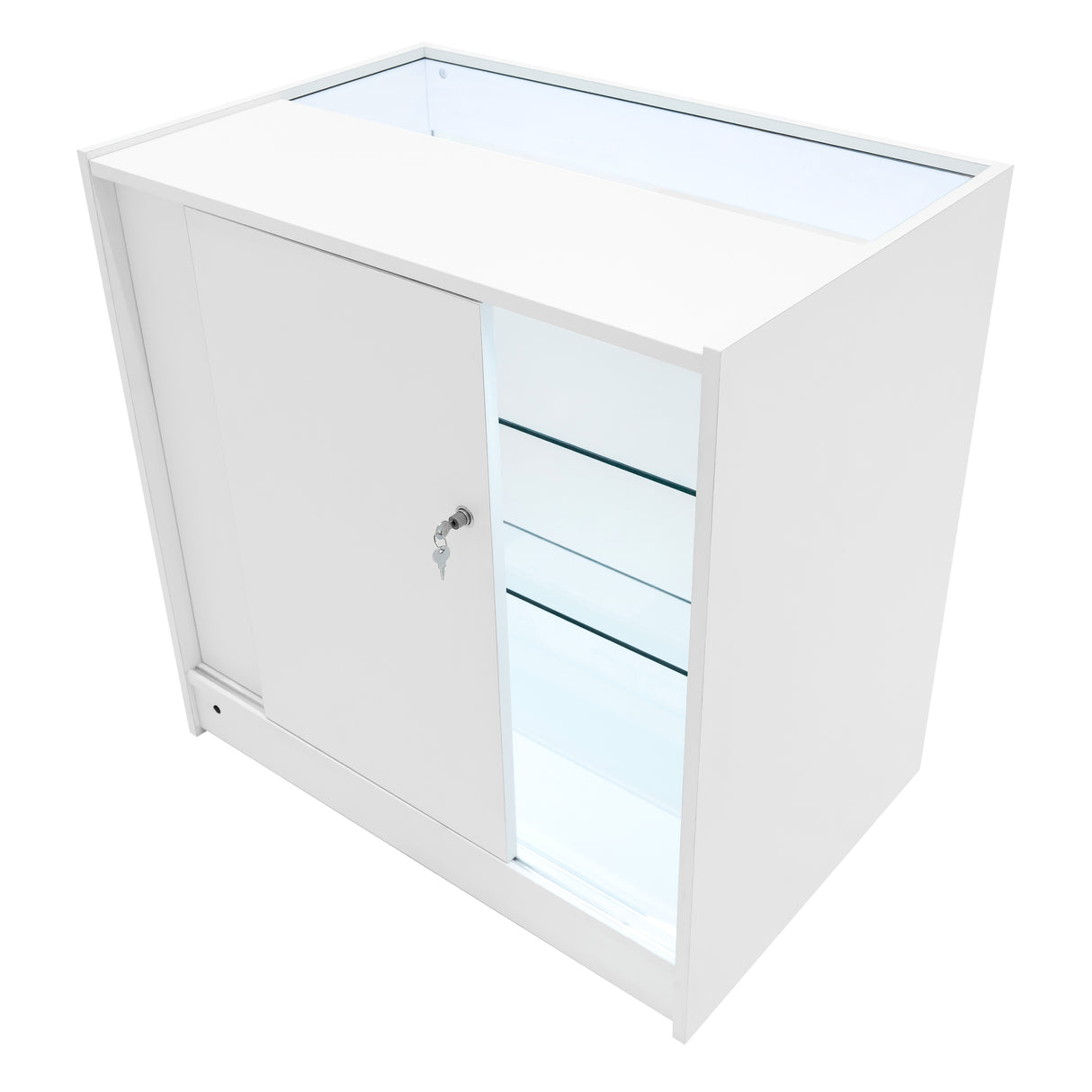 Bancone negozio bianco con illuminazione LED, ante scorrevoli e ripiani in vetro, design moderno e funzionale per esposizione prodotti
