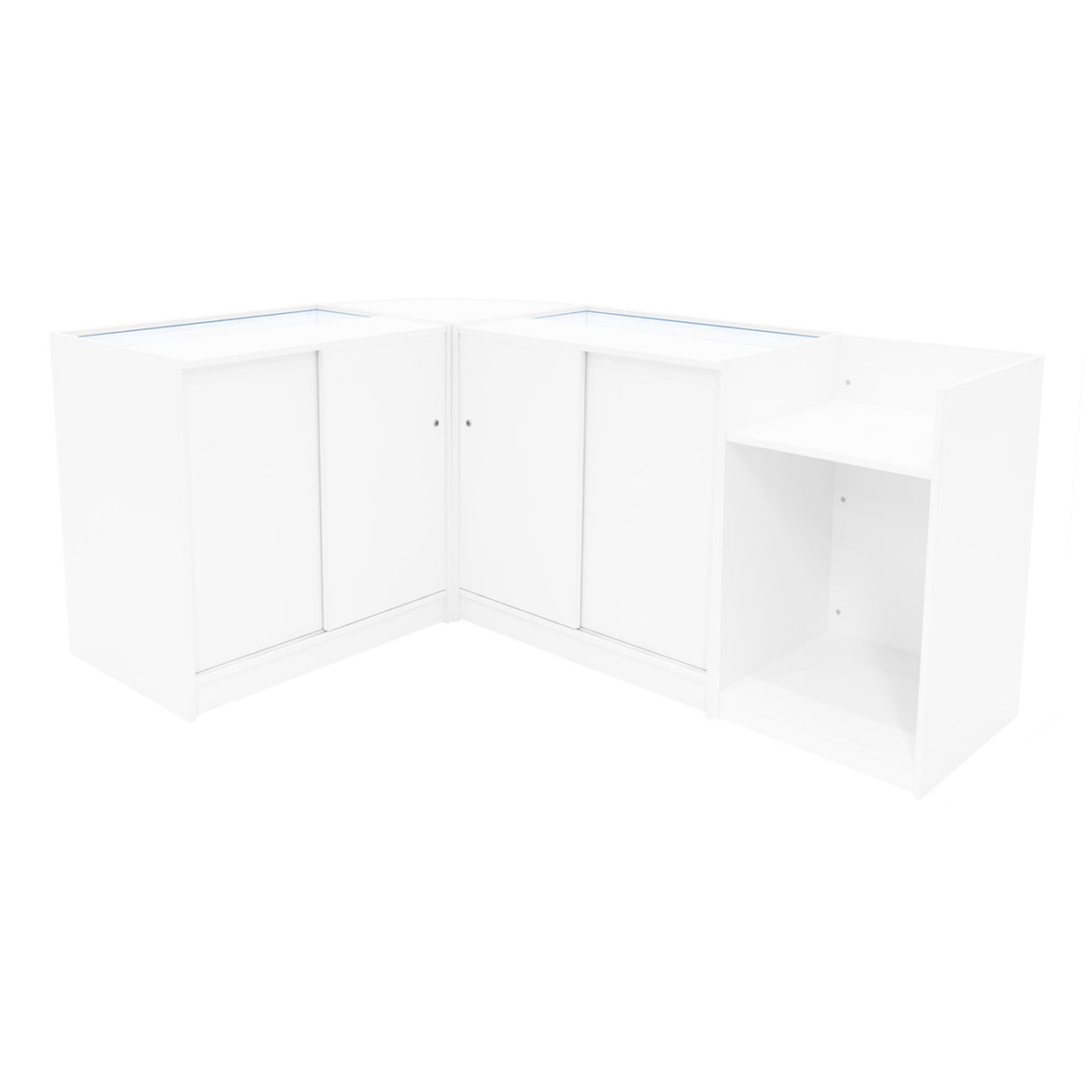 Set banconi negozio angolare in bianco, con finitura liscia, ante scorrevoli e ripiani, ideale per esposizione e vendita di prodotti